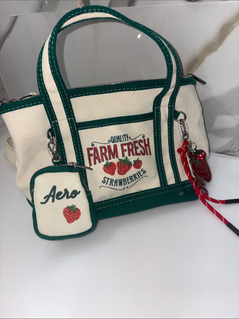 Aeropostale Cream & Green 'Farm Fresh Strawberries' Canvas Tote